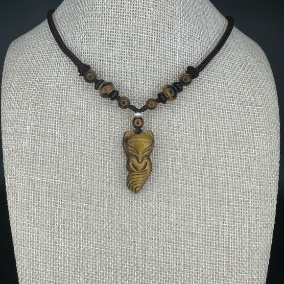 Tiger’s Eye Nine Tail Fox Pendant Necklace with Silver and Hematite on Rope - Picture 5 of 7